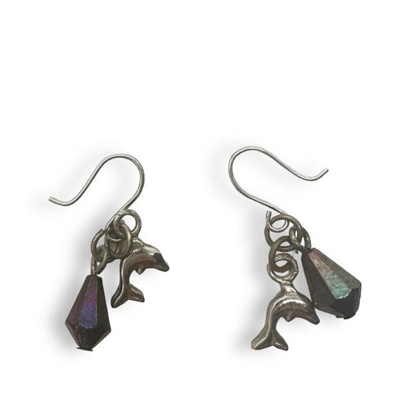 Dolphin Earrings Vintage Silver Tone Pearlescent Bead Fun Lightweight Dangles - Picture 7 of 8